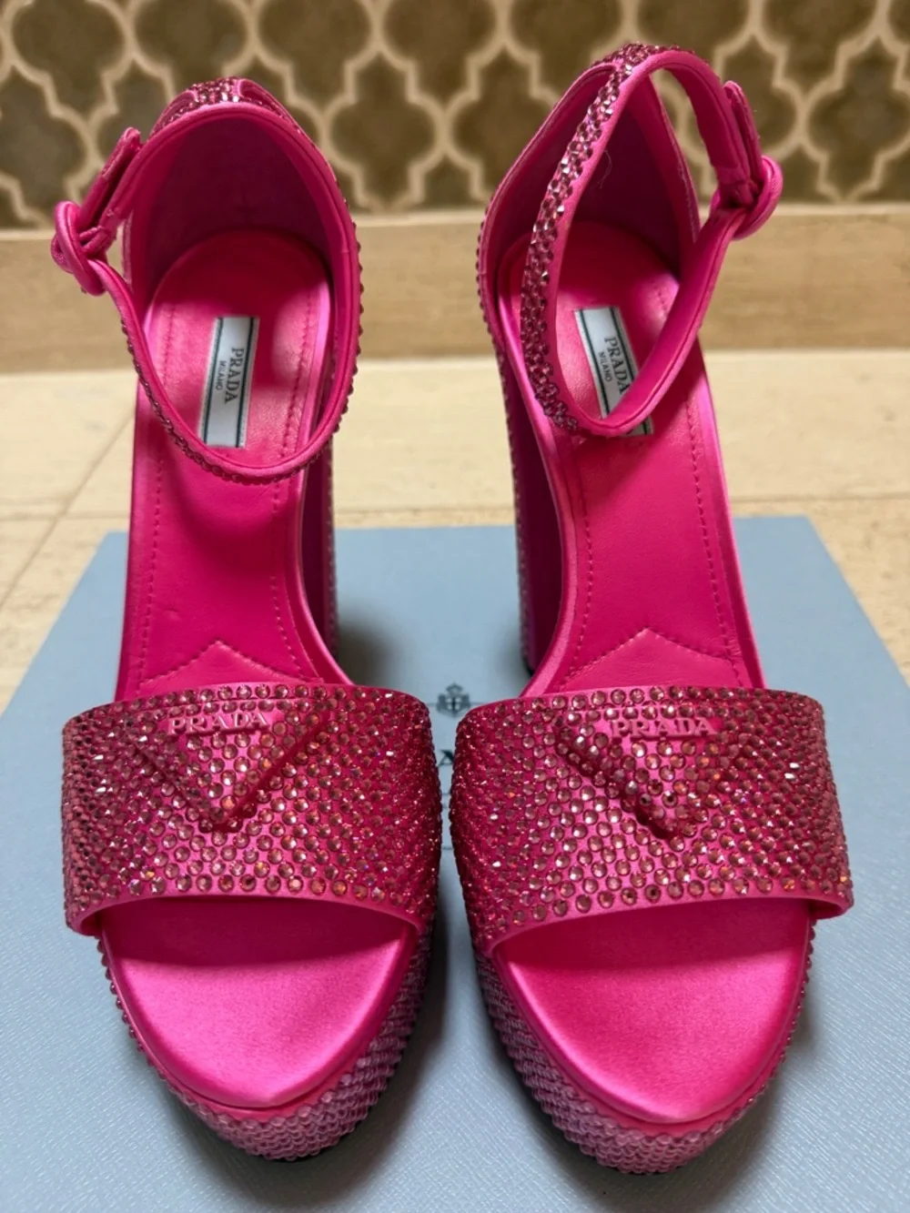 NWT!! PRADA Hot Pink Crystal-Embellished 135mm Platform Sandals